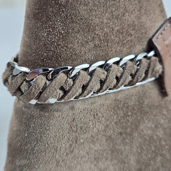 MICHAEL Michael Kors Size 8M Taupe Suede Leather Stiletto Peep Toe Booties Chain - Picture 10 of 16